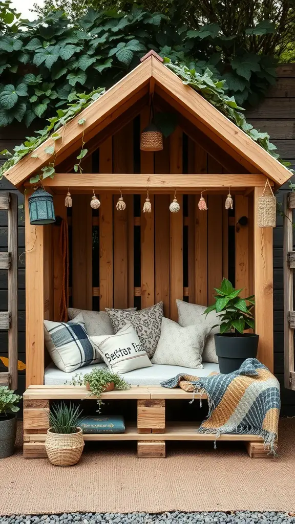 25 Adorable DIY Kids Playhouse Ideas for Endless Fun 1 A rustic wooden pallet playhouse with cushions, plants, and decorative lanterns.