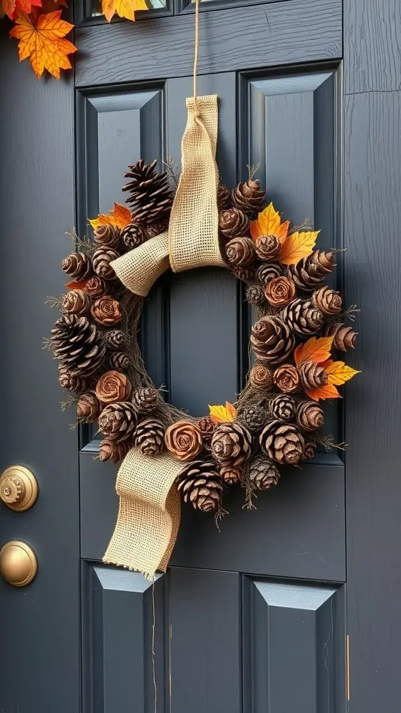 13 Stunning DIY Wreaths to Welcome You Home 14 A rustic wreath made of pinecones and burlap, adorned with autumn leaves, hanging on a blue door.