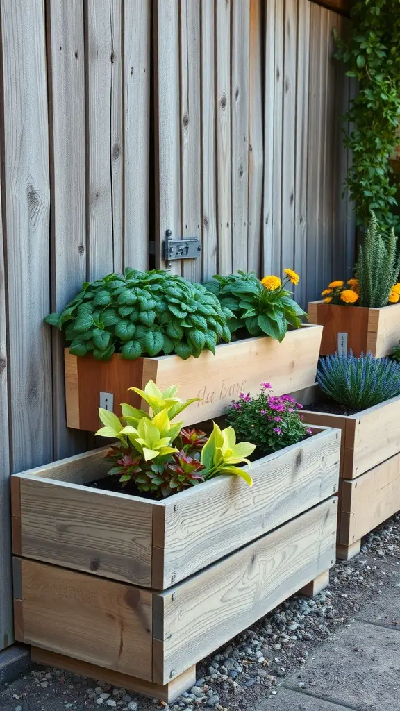 17 Creative Landscaping Ideas for Your Fence Area 7 Wooden planters filled with various plants mounted against a wooden fence.