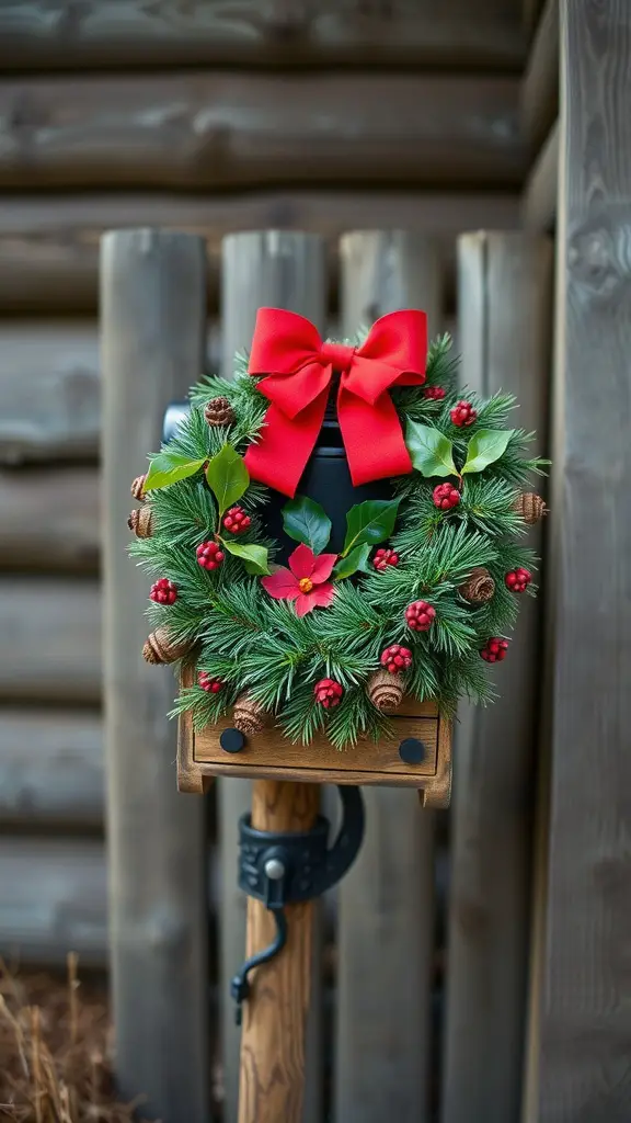 Rustic red and green wreath on a mailbox with a red bow and pine needles