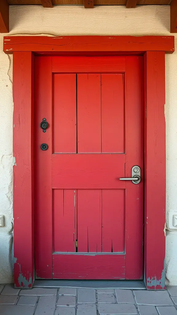 A rustic red door that adds warmth and charm to a home.