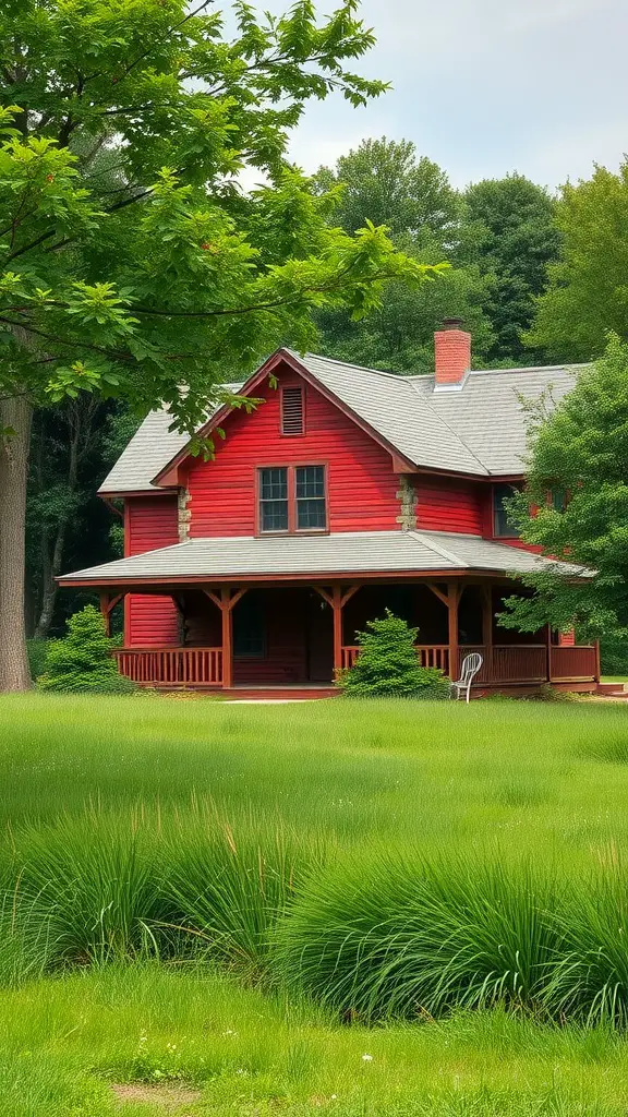 19 Beautiful Exterior House Colors to Transform Your Home 4 A rustic red farmhouse surrounded by lush green grass and trees