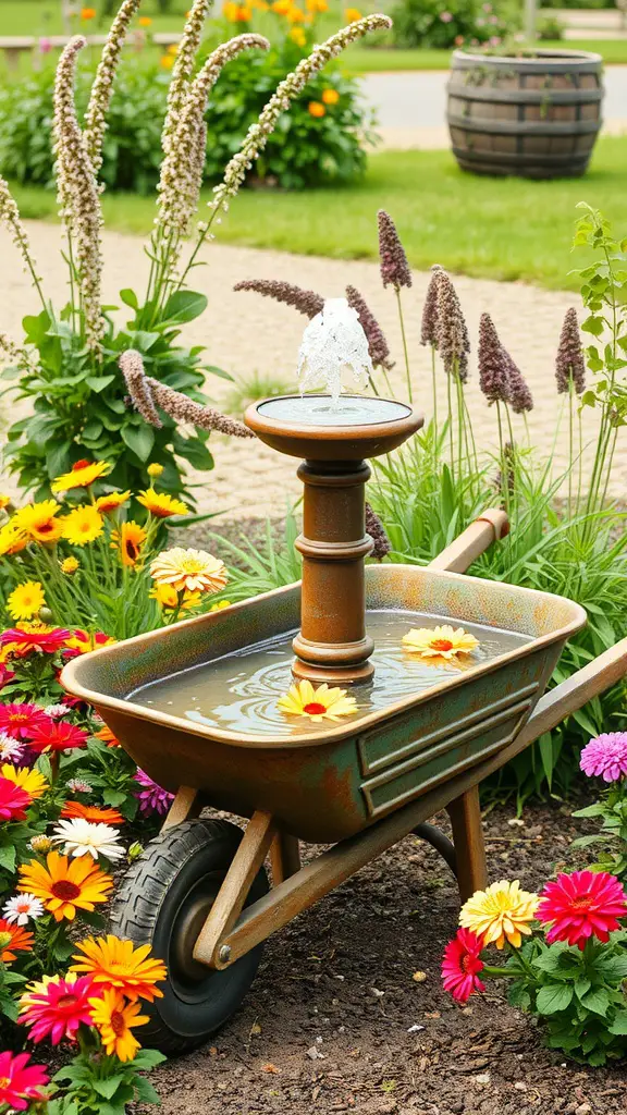 17 Creative DIY Solar Fountain Ideas for Your Garden 17 A rustic solar fountain made from an old wheelbarrow, filled with water and colorful flowers, surrounded by blooming plants.