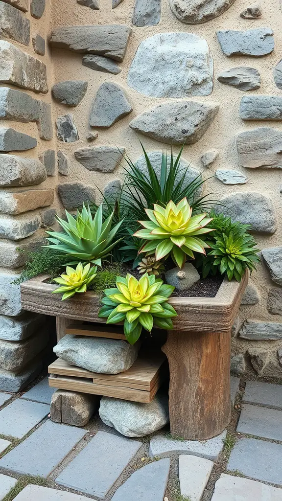 A rustic plant stand made from wood and stone, featuring various succulents and placed against a stone wall.