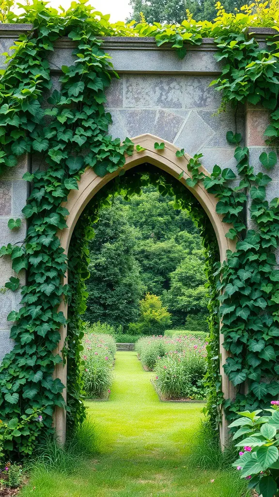 19 Creative Garden Arbor Ideas You’ll Love 2 A rustic stone archway covered in ivy, leading into a lush garden.