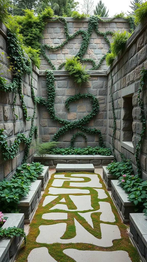 15 Stunning Labyrinth Garden Ideas for Your Outdoor Space 14 A rustic stone wall maze with green vines, a stone pathway, and benches