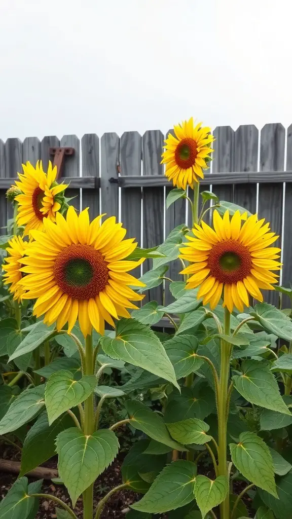 23 Stunning Fall Flower Garden Ideas to Transform Your Outdoor Space 8 A cluster of vibrant sunflowers standing tall in a garden with a wooden fence in the background.