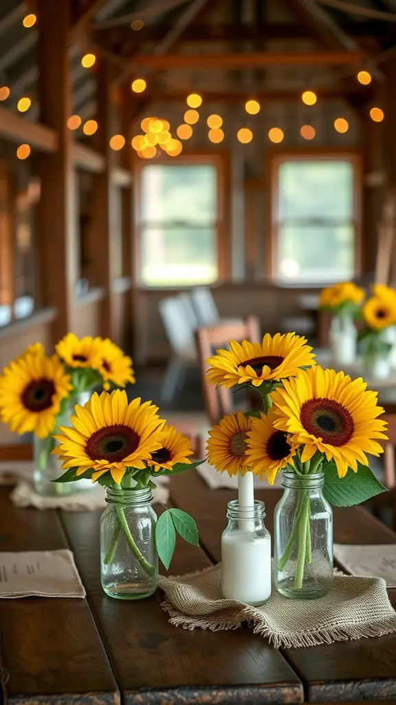 Rustic wedding table decorated with sunflowers in mason jars, surrounded by warm lighting.