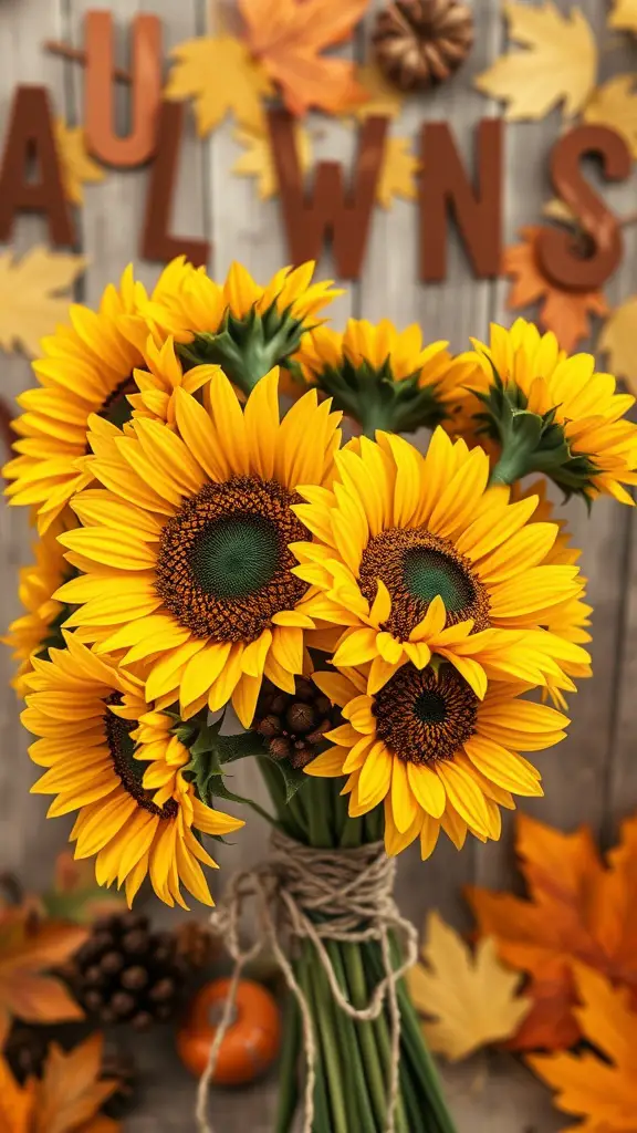 A bouquet of bright sunflowers wrapped in twine, surrounded by autumn leaves and seasonal decor.