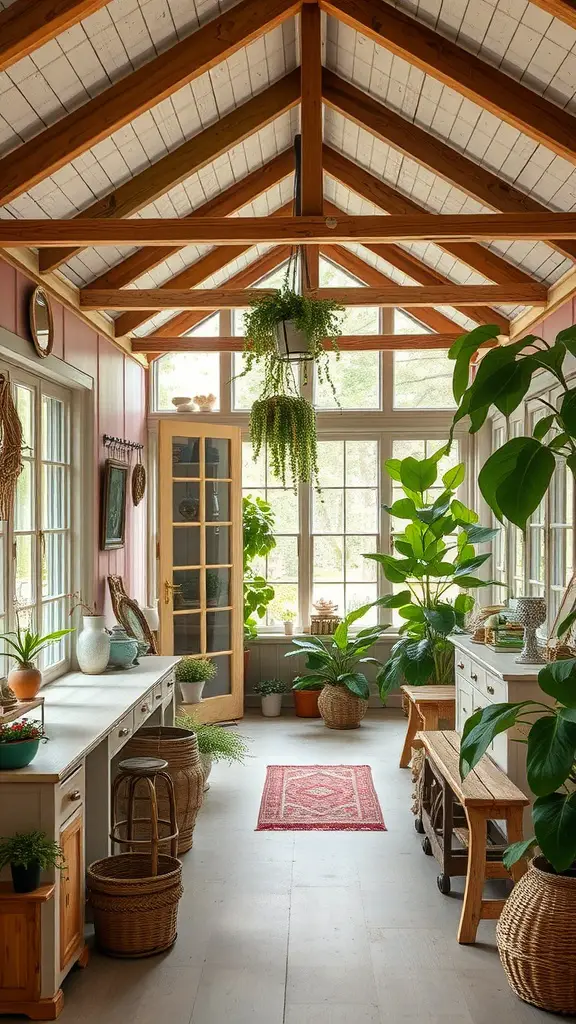 19 Stunning Indoor Sunroom Ideas You’ll Love 4 A rustic sunroom featuring wooden beams, vintage decor, and various houseplants