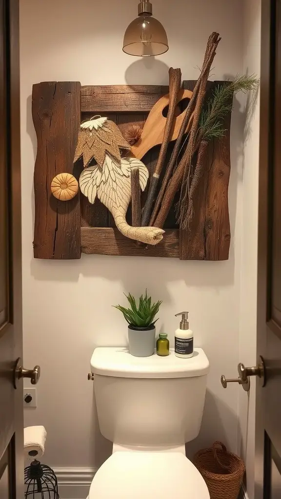 Rustic wall art made of wood and natural elements in a small bathroom