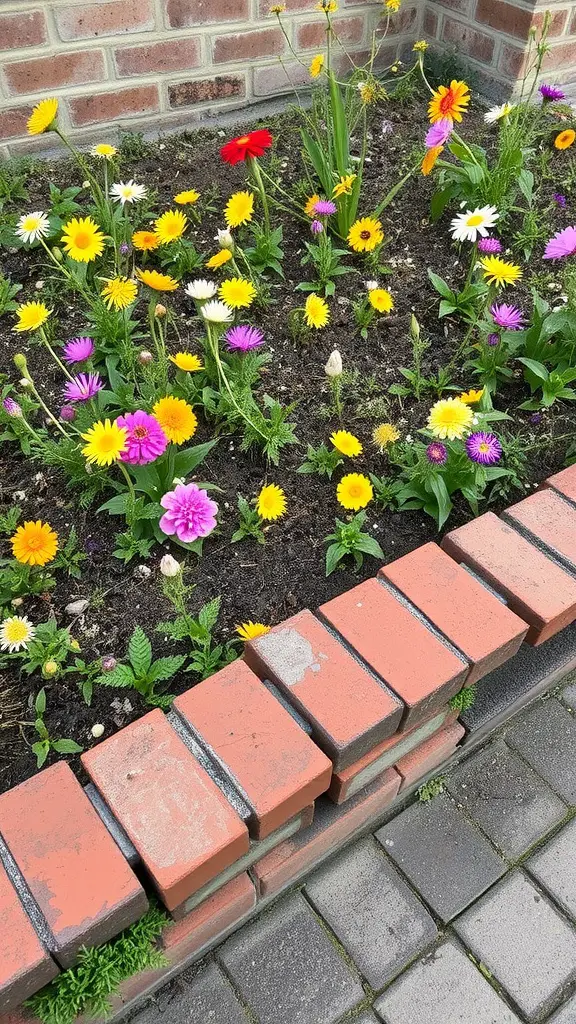 29 Creative Brick Garden Edging Ideas to Transform Your Outdoor Space 5 A garden with vibrant flowers surrounded by rustic weathered brick edging.