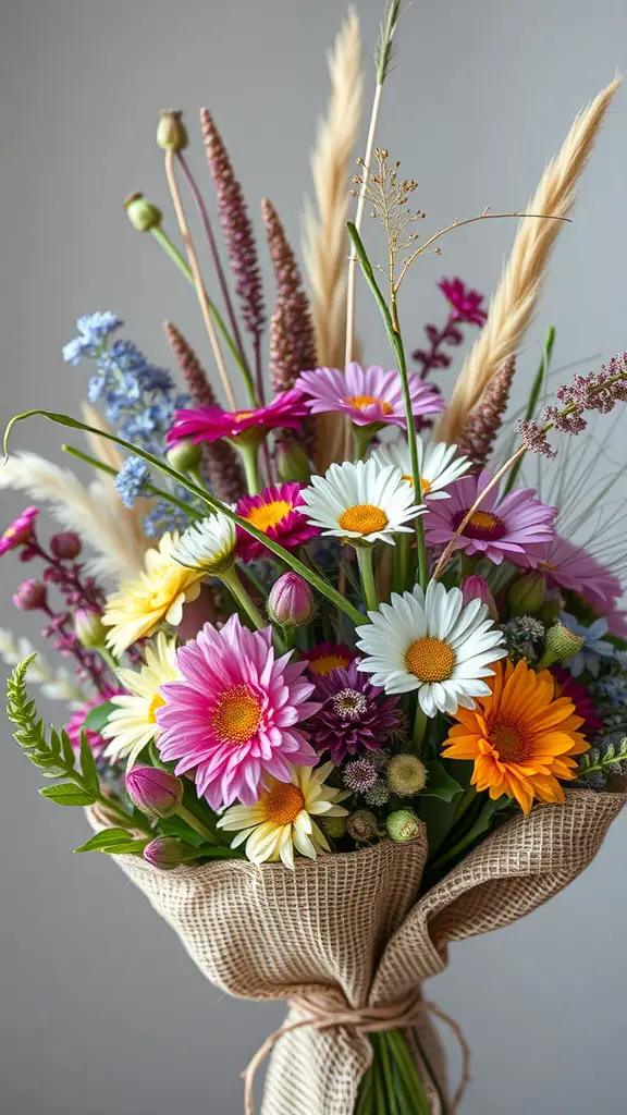 17 Stunning Flower Arrangement Ideas You’ll Love 7 A rustic wildflower bouquet with colorful flowers and dried grasses wrapped in burlap.