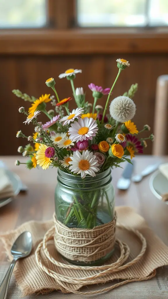 19 Stunning Wedding Floral Centerpieces to Inspire Your Big Day 9 A rustic floral centerpiece in a mason jar, featuring a variety of wildflowers, placed on a table with burlap and twine decor.