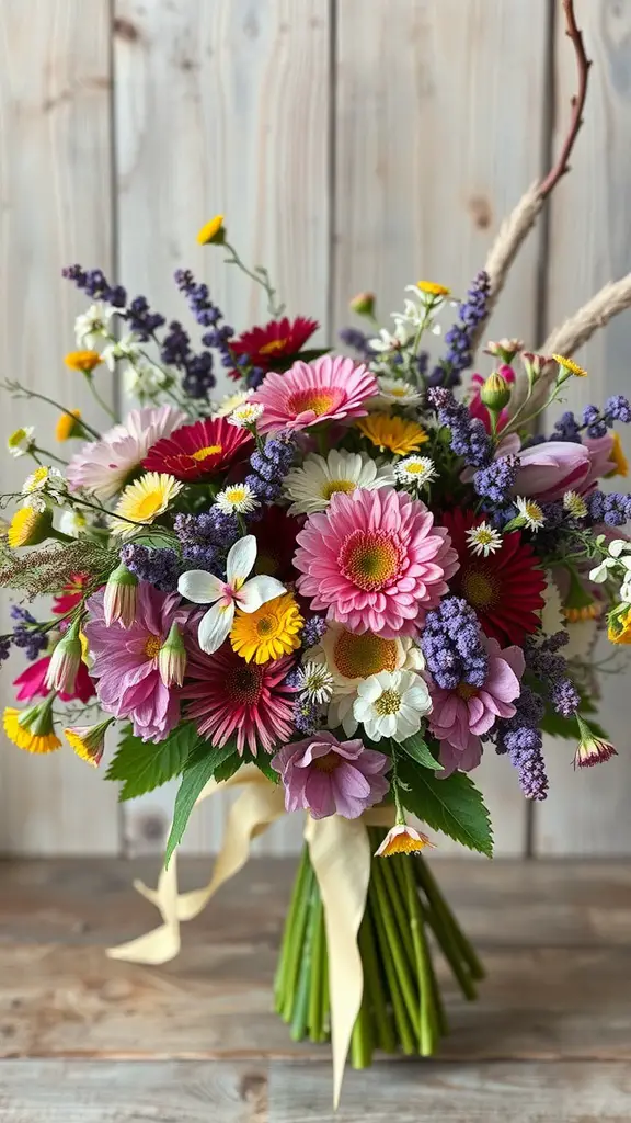 A colorful bouquet of rustic wildflowers tied with a ribbon, featuring daisies, purple blooms, and greenery, set against a wooden background.