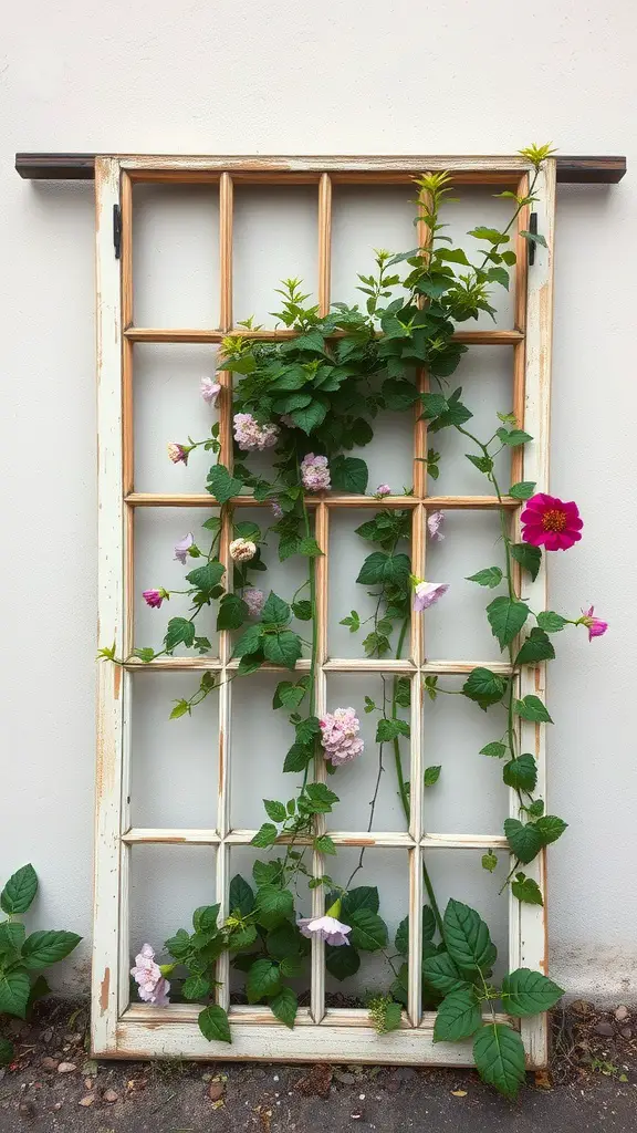 A rustic old window frame repurposed as a trellis for climbing plants, with vibrant flowers and green leaves