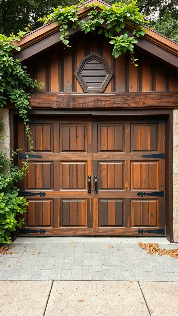 A rustic wooden garage door with dark hardware and surrounded by greenery.