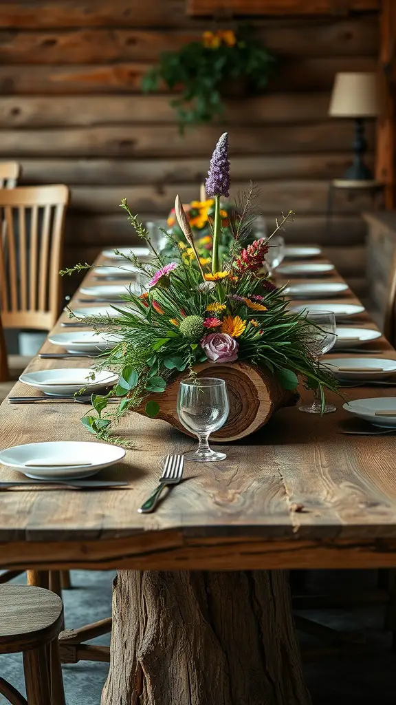 29 Stunning Dining Table Centerpieces for Every Occasion 5 A rustic wood log centerpiece adorned with colorful flowers on a wooden dining table.