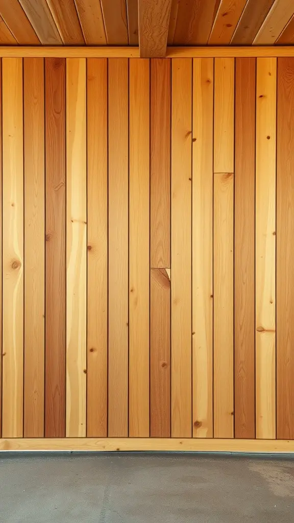 Rustic wood paneling on a garage wall