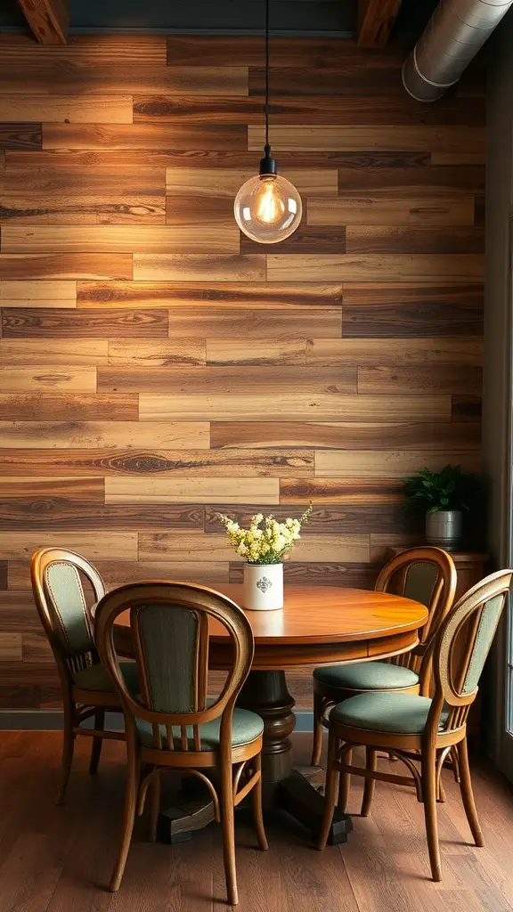 21 Stunning Dining Room Wall Decor Ideas to Transform Your Space 16 A rustic dining room with a wood plank accent wall, round wooden table, and classic chairs, featuring a pendant light and a vase of flowers.