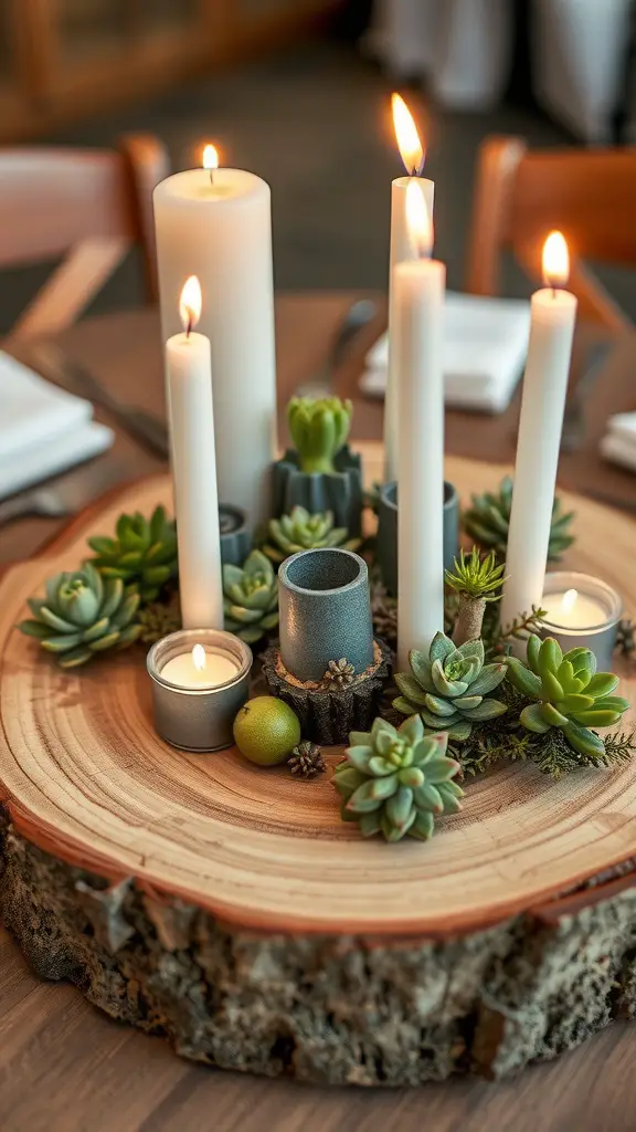 27 Stunning Wedding Round Table Centerpieces You Need to See 6 A rustic wood slice centerpiece featuring succulents and candles.
