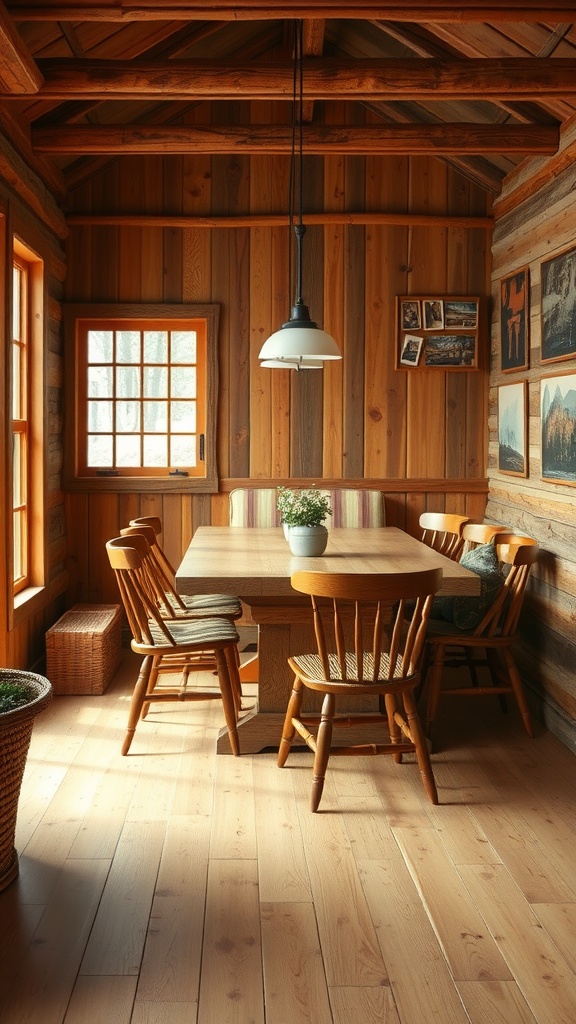 17 Cozy Dining Nook Ideas for Your Home 15 Cozy rustic dining nook with a wood table and chairs, surrounded by wooden walls and warm lighting.