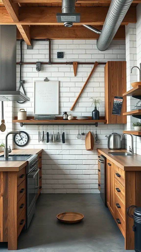 An industrial kitchen featuring rustic wooden accents, including cabinets and shelves against a brick wall.
