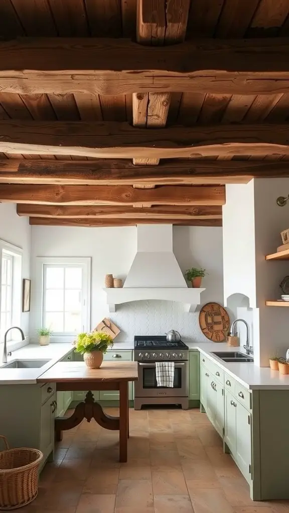 A rustic kitchen featuring wooden beams, light green cabinets, and a modern stove.