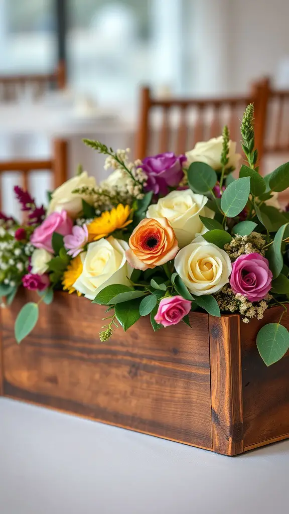 25 Stunning Wedding Table Centerpieces to Inspire Your Big Day 4 A rustic wooden box arrangement filled with colorful flowers including roses and sunflowers.