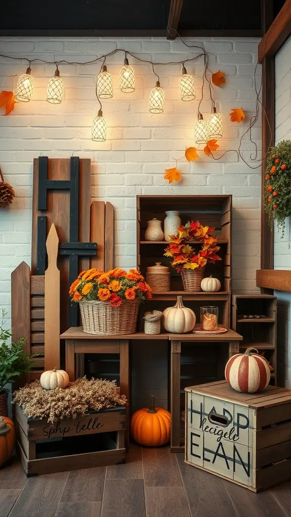 Rustic wooden decor for fall with crates, pumpkins, and string lights