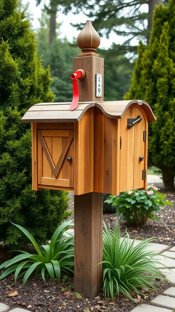 A rustic wooden double mailbox post with a sloped roof, decorative finial, and red flag, set among greenery.