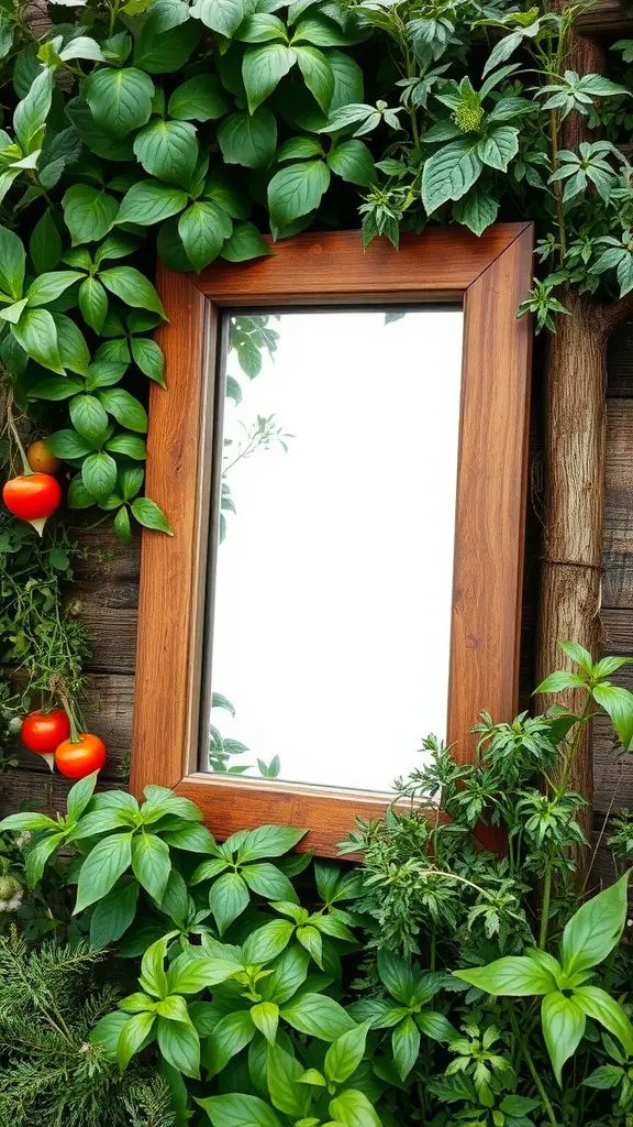 21 Stunning Garden Mirror Ideas to Transform Your Outdoor Space 4 A rustic wooden frame mirror surrounded by greenery and tomatoes in a garden