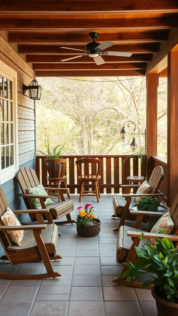 23 Charming French Patio Ideas to Transform Your Outdoor Space 6 A rustic patio featuring wooden rocking chairs and a small table, surrounded by potted plants and flowers.
