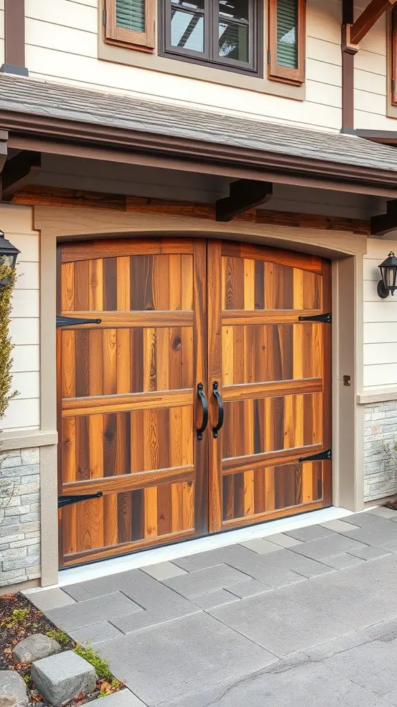 25 Creative Garage Door Ideas for a Stunning Home Entrance 8 A rustic wooden garage door with rich wood tones and elegant handles.
