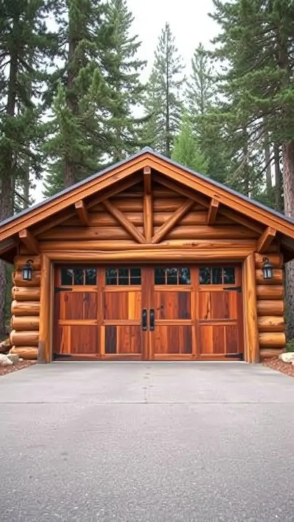 A rustic wooden garage door on a log cabin surrounded by trees.