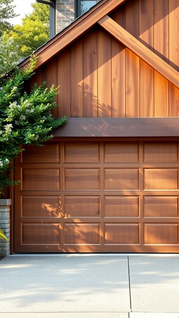 27 Stunning Modern Garage Door Designs You’ll Love 10 A rustic wooden garage door with modern design elements, framed by lush greenery.