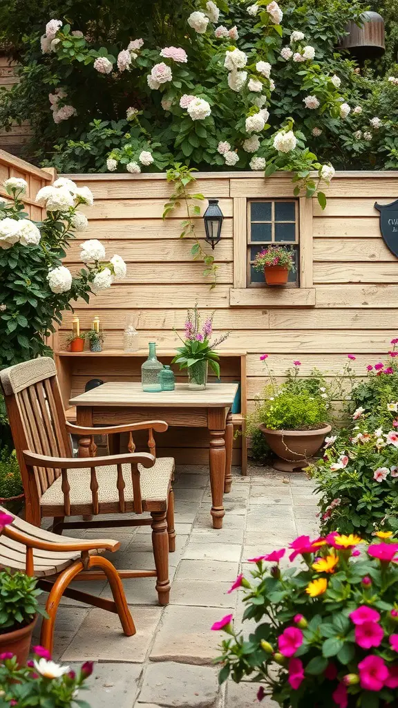 A cozy garden corner with rustic wooden furniture, surrounded by flowers and greenery.