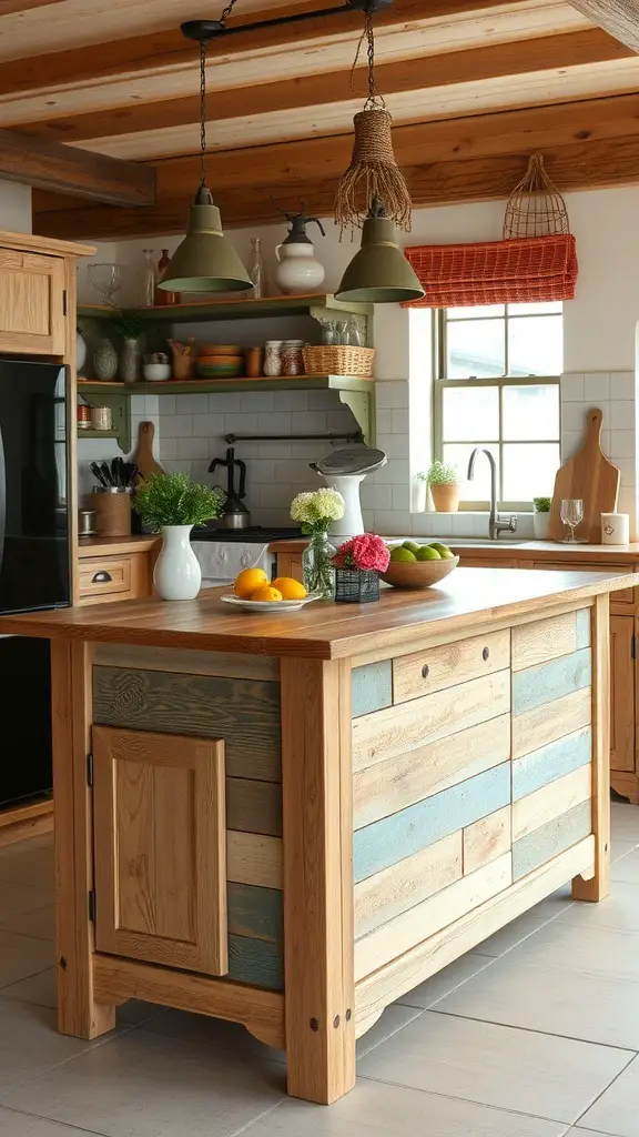 A rustic wooden kitchen island made from natural wood, featuring a mix of colors and textures, surrounded by various kitchen items and natural light.