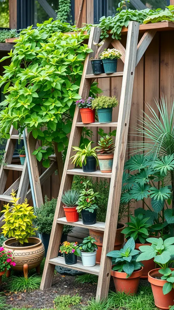 A rustic wooden ladder stand with various potted plants displayed in a garden setting.