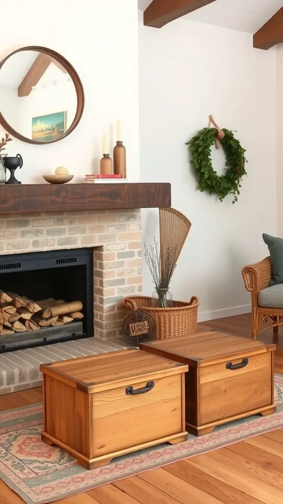 Rustic wooden ottomans placed in a cozy living room setting next to a fireplace