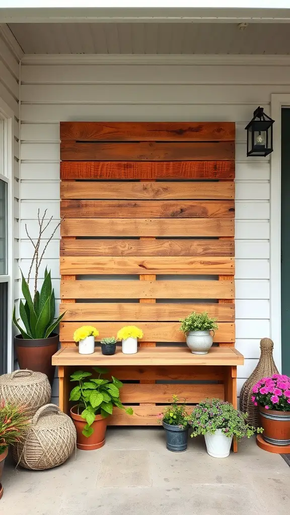 A rustic wooden pallet backdrop with potted plants and a bench on a porch.
