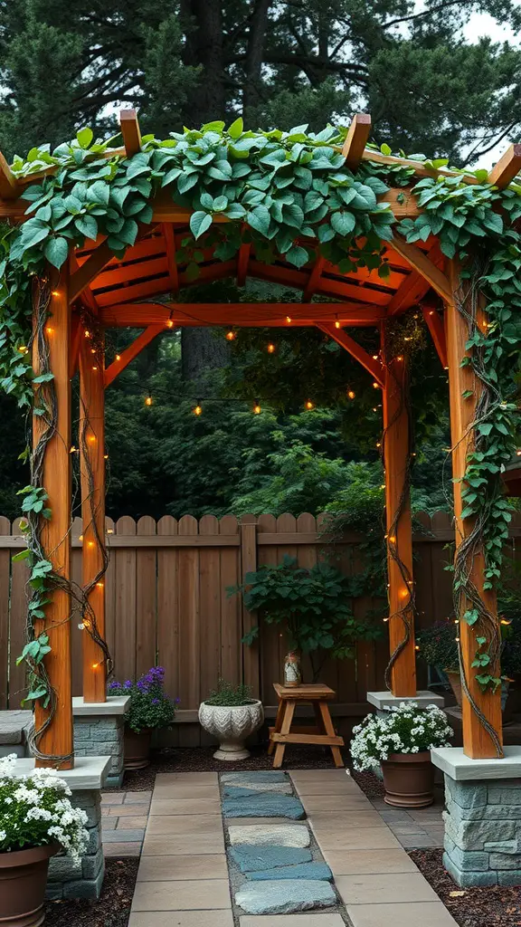 A rustic wooden pergola adorned with vines and fairy lights, set in a lush backyard with colorful flower pots