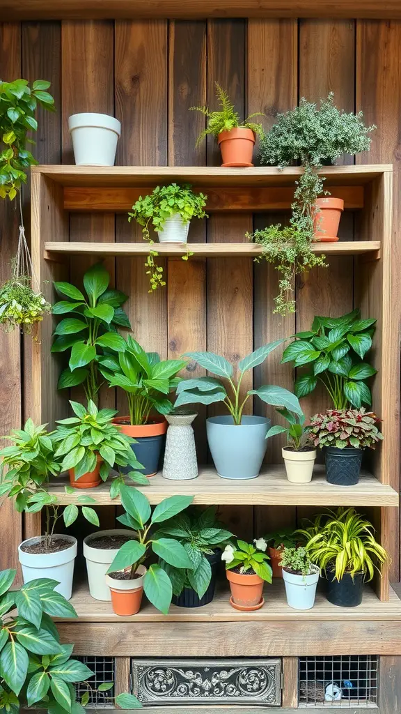 A display of various plants on rustic wooden shelves with a warm wood backdrop.