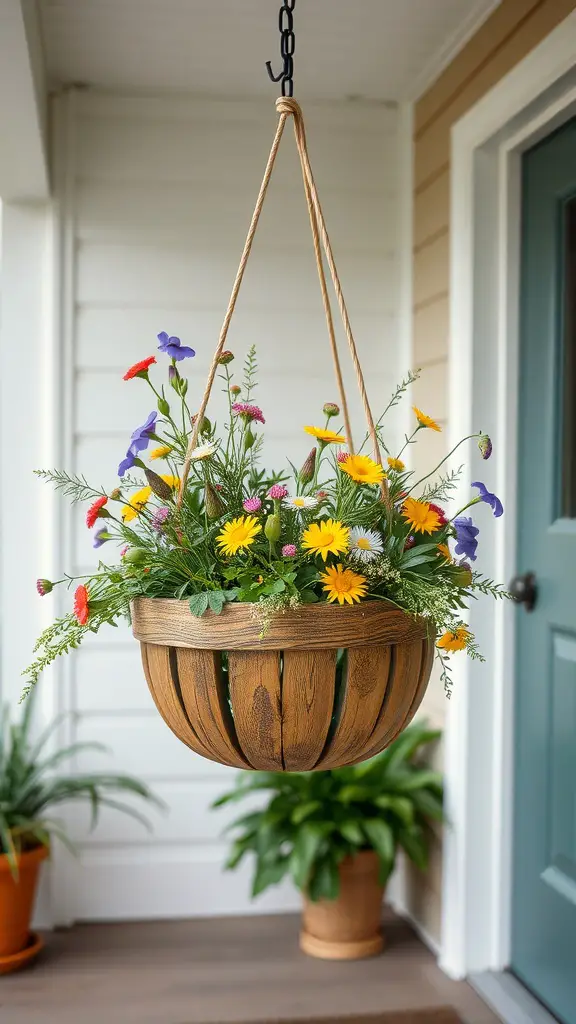 A rustic wooden hanging planter filled with colorful flowers, hanging on a porch.