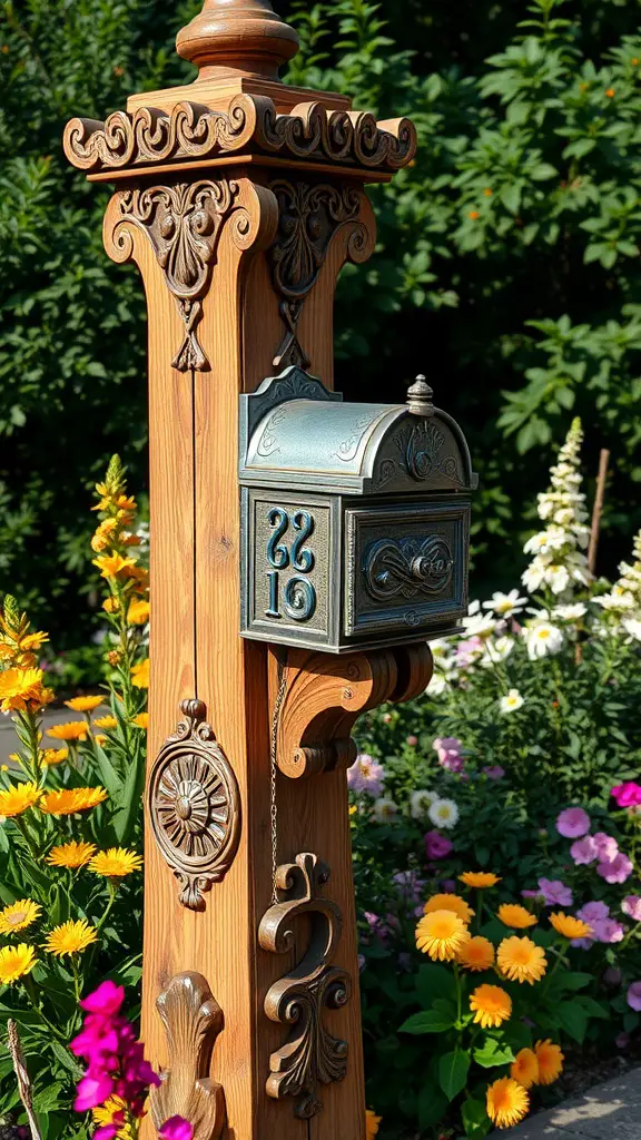 A rustic wooden mailbox post with ornate details surrounded by colorful flowers.