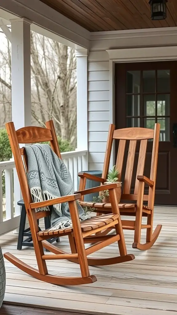 Two rustic wooden rocking chairs on a porch with a cozy blanket and a small potted plant.