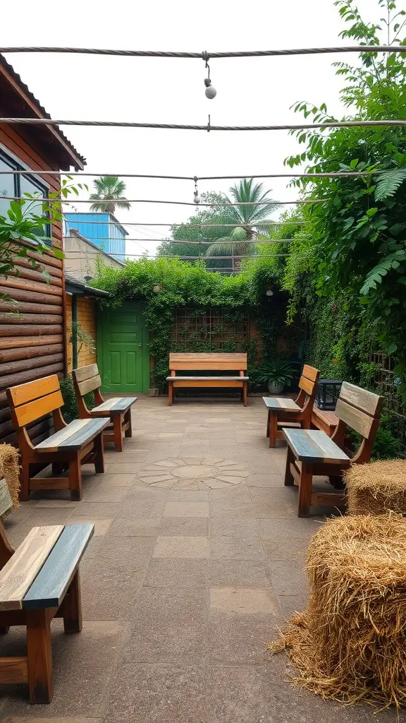 21 Affordable and Creative Backyard Wedding Ideas 7 Rustic wooden seating arrangements in a backyard setting with greenery and hay bales.