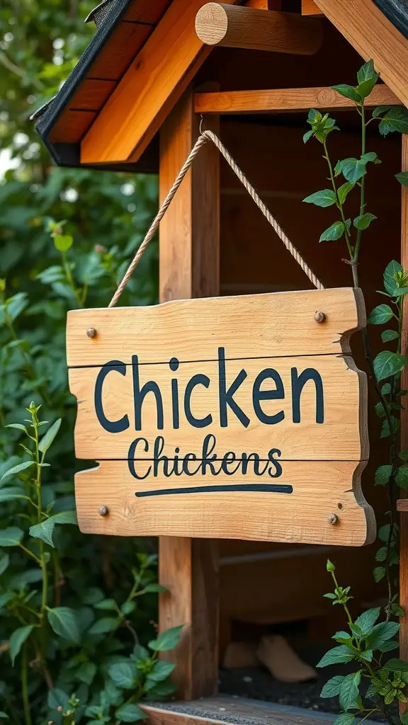 15 Creative Chicken Coop Decor Ideas to Enhance Your Backyard 4 A rustic wooden sign that reads 'Chicken Chickens' hanging in front of a chicken coop