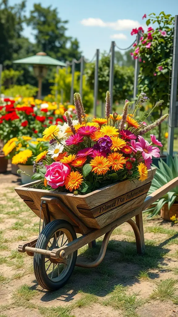 19 Creative Wheelbarrow Planter Ideas for Your Garden 2 A rustic wooden wheelbarrow filled with colorful flowers in a garden setting.