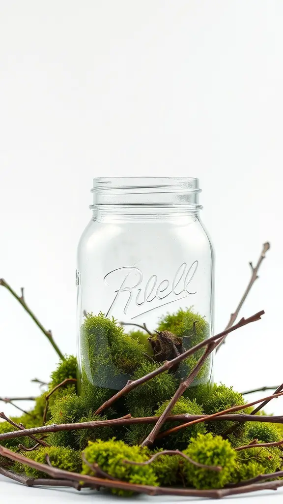 Mason jar surrounded by green moss and twigs on a white background.